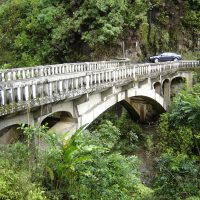 Green mountain with bridge