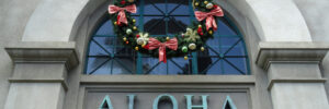 Aloha Tower building with a Christmas Wreath