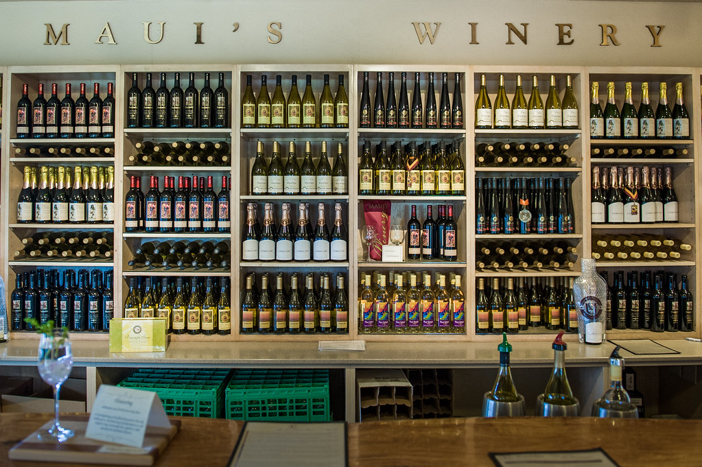 Maui Winery bottles on shelves.