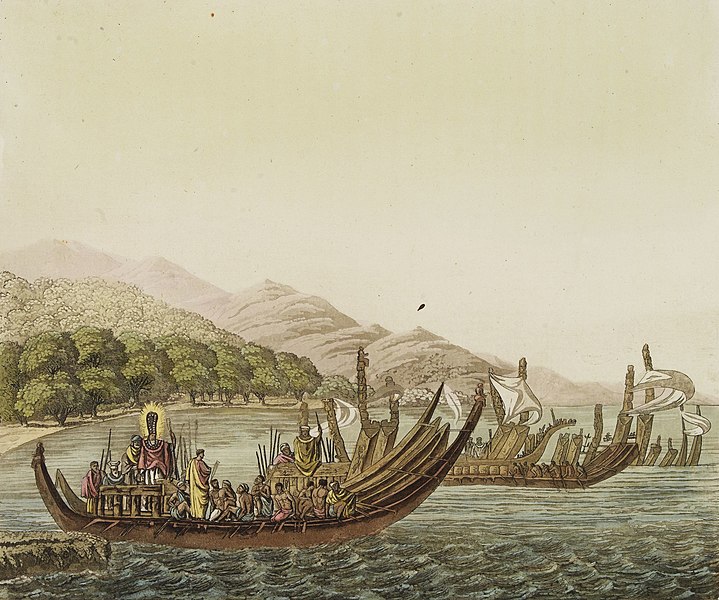 Old etching of double hulled Tahitian canoes.