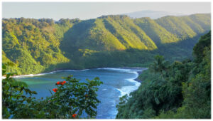 Beautiful bay in Hana with sun on the hills