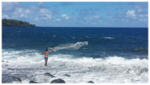 Hawaiian fisherman throwing a net.